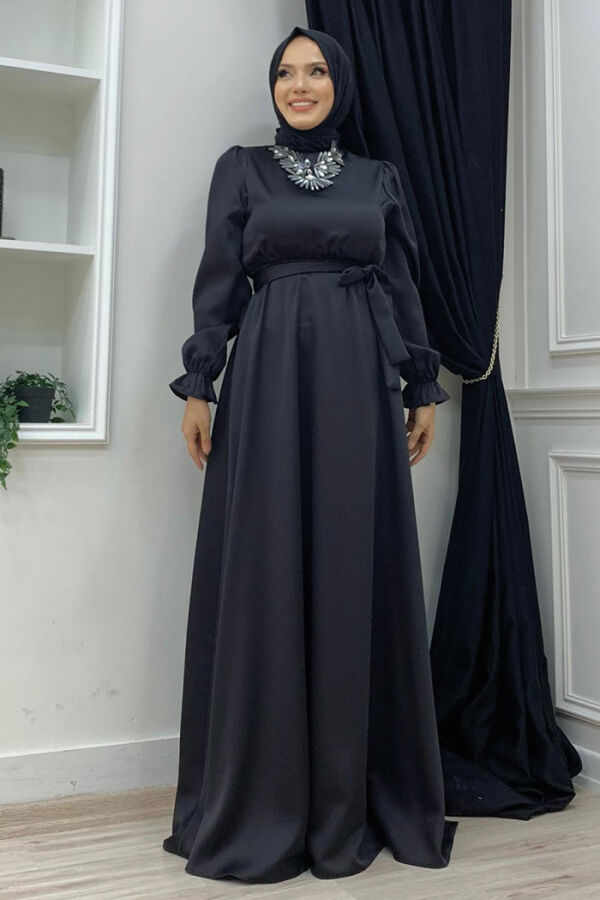 فستان سهرة ساتان سادة بتفاصيل وشاح الخصر 3791 أسود - 5