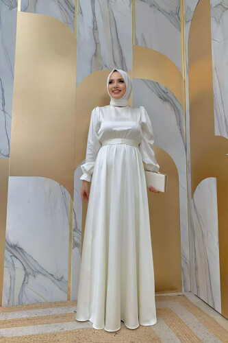 Abendkleid aus schlichtem Satin mit Taillenschärpendetail 3791 Ecru - 5