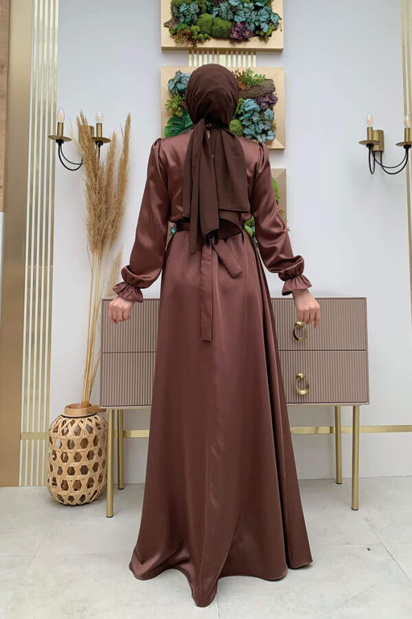 Bel Kuşak Detay Düz Saten Abiye Elbise 3791 Kahverengi - 7