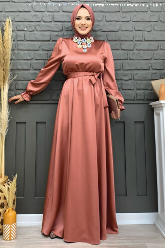 Waist Sash Detail Plain Satin Evening Dress 3791 Dried Rose - 5