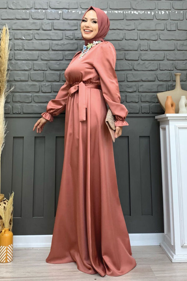 Waist Sash Detail Plain Satin Evening Dress 3791 Dried Rose - 7