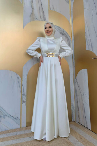 Göğüs Kısmı Kat Şerit Detay Bel Kemer Aksesuarlı Abiye Elbise 3792 Ekru - 4