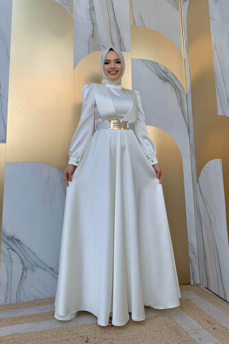 Göğüs Kısmı Kat Şerit Detay Bel Kemer Aksesuarlı Abiye Elbise 3792 Ekru - 5