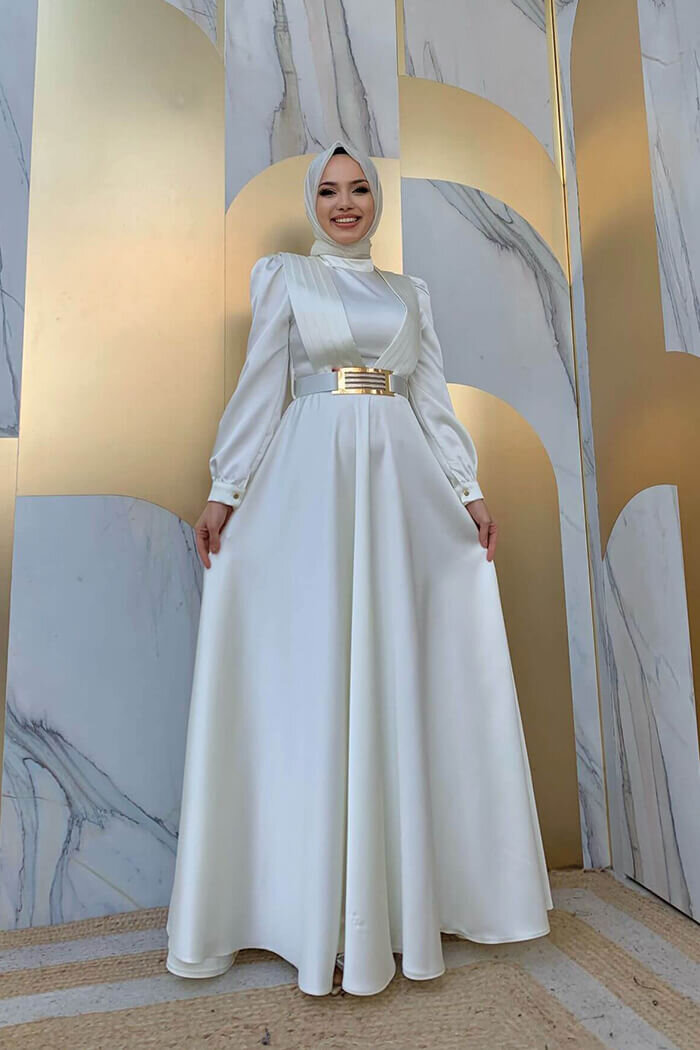 Göğüs Kısmı Kat Şerit Detay Bel Kemer Aksesuarlı Abiye Elbise 3792 Ekru - 5