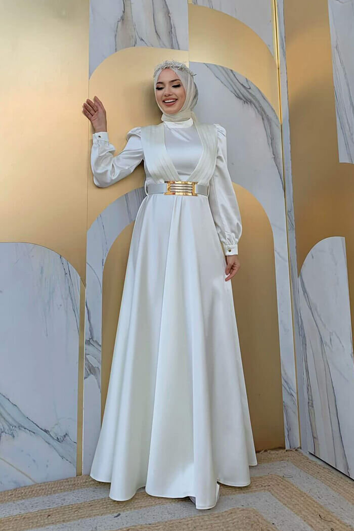 Göğüs Kısmı Kat Şerit Detay Bel Kemer Aksesuarlı Abiye Elbise 3792 Ekru - 6