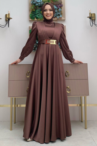 Göğüs Kısmı Kat Şerit Detay Bel Kemer Aksesuarlı Abiye Elbise 3792 Kahverengi - 4