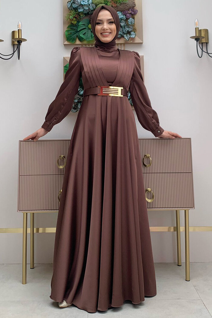 Göğüs Kısmı Kat Şerit Detay Bel Kemer Aksesuarlı Abiye Elbise 3792 Kahverengi - 4