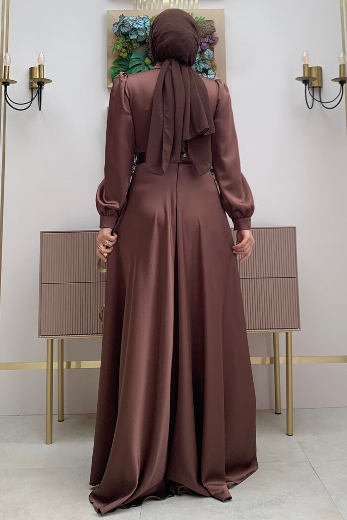 Göğüs Kısmı Kat Şerit Detay Bel Kemer Aksesuarlı Abiye Elbise 3792 Kahverengi - 5