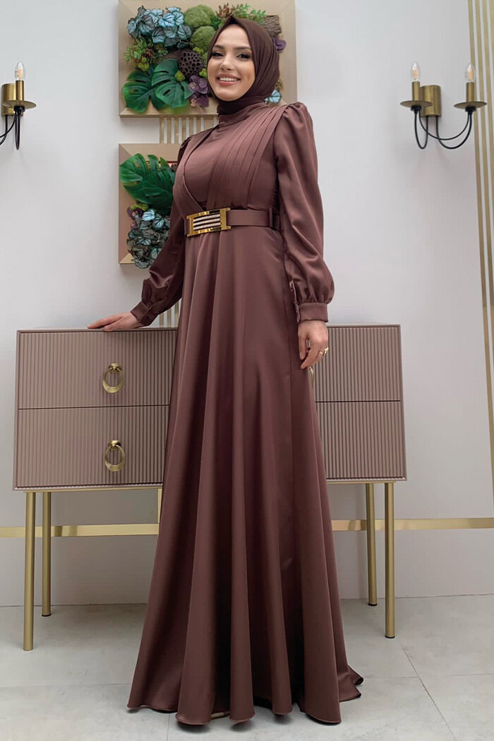 Göğüs Kısmı Kat Şerit Detay Bel Kemer Aksesuarlı Abiye Elbise 3792 Kahverengi - 6