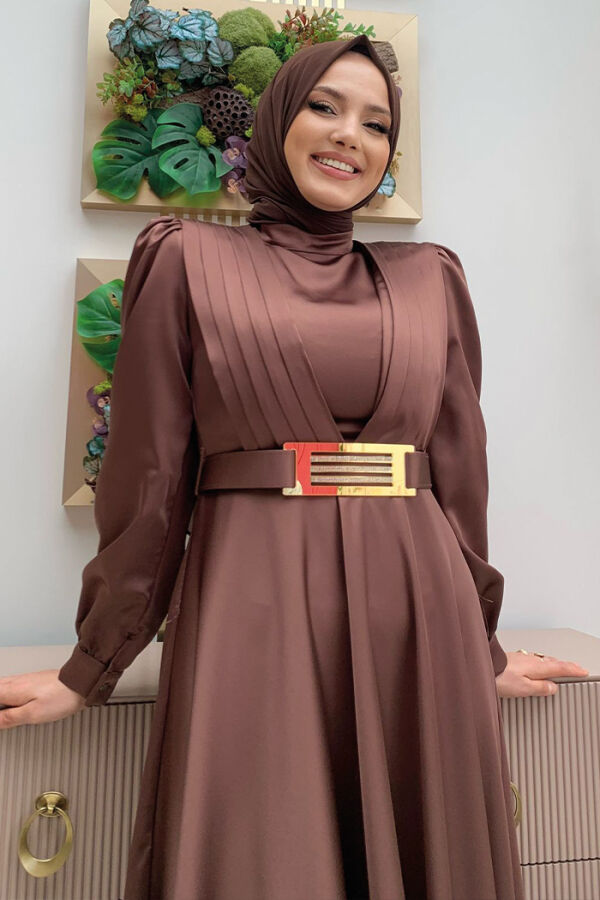 Chest Part Layer Stripe Detail Waist Belt Accessory Evening Dress 3792 Brown - 8