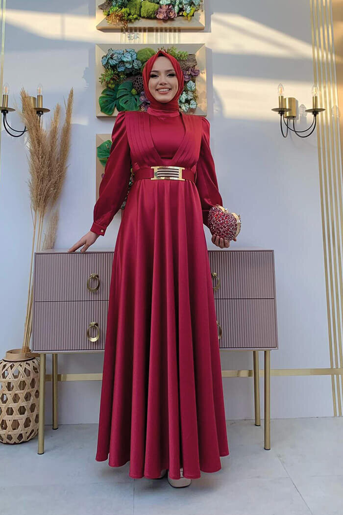 Chest Part Layer Stripe Detail Waist Belt Accessory Evening Dress 3792 Claret Red - 2