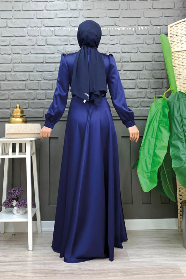 Chest Part Layer Stripe Detail Waist Belt Accessory Evening Dress 3792 Navy Blue - 6