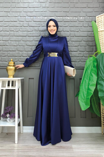 Chest Part Layer Stripe Detail Waist Belt Accessory Evening Dress 3792 Navy Blue