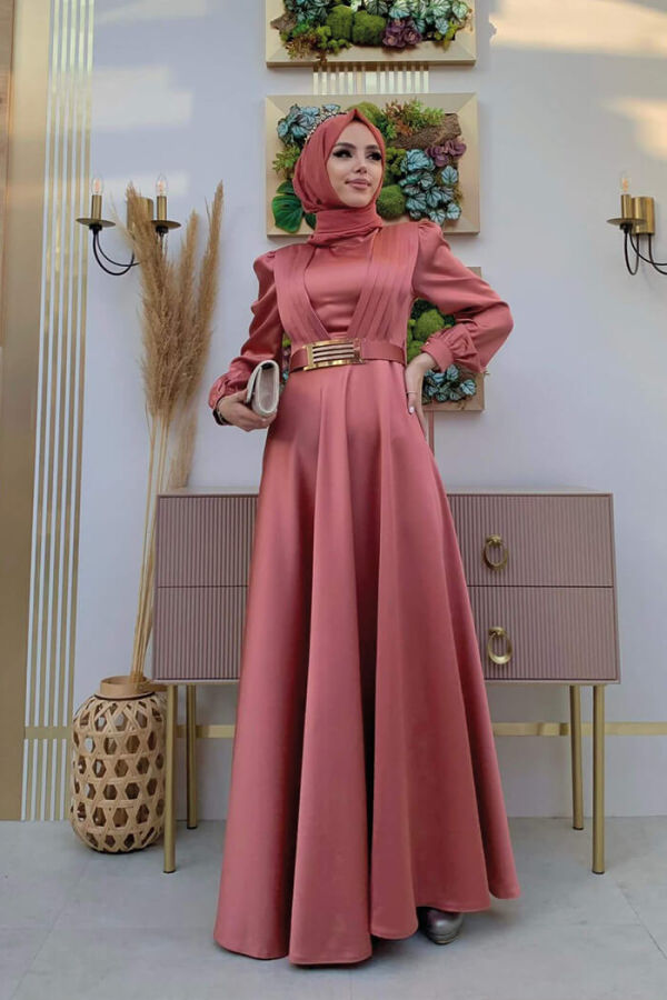 Chest Part Layer Stripe Detail Waist Belt Accessory Evening Dress 3792 Dried Rose - 6