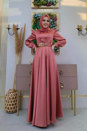 Chest Part Layer Stripe Detail Waist Belt Accessory Evening Dress 3792 Dried Rose - 7