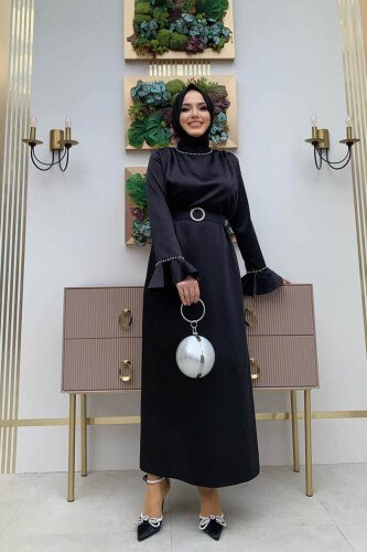 Sleeve Cuffs and Collar Embroidered Detail Belt Accessory Satin Evening Dress 3793 Black - 5