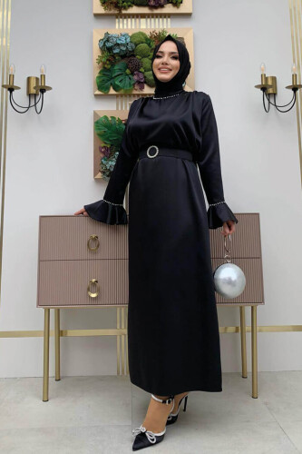 Sleeve Cuffs and Collar Embroidered Detail Belt Accessory Satin Evening Dress 3793 Black - 6