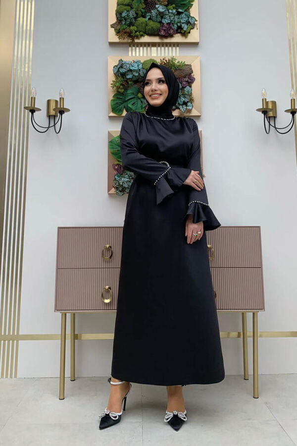 Sleeve Cuffs and Collar Embroidered Detail Belt Accessory Satin Evening Dress 3793 Black - 7