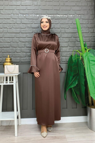 Sleeve Cuffs and Collar Embroidered Detail Belt Accessory Satin Evening Dress 3793 Brown - 5
