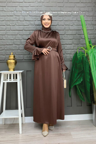 Sleeve Cuffs and Collar Embroidered Detail Belt Accessory Satin Evening Dress 3793 Brown - 6