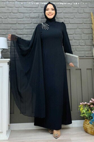 Einärmeliges Chiffon-Abendkleid mit Cape-Schulter und Stickerei-Detail 3796 Schwarz 