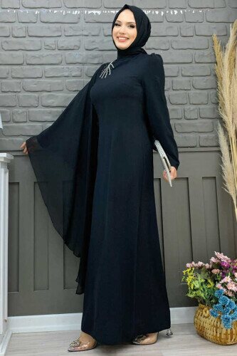 Einärmeliges Chiffon-Abendkleid mit Cape-Schulter und Stickerei-Detail 3796 Schwarz - 3