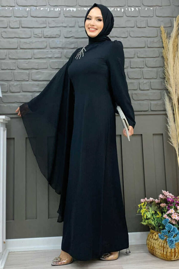 Einärmeliges Chiffon-Abendkleid mit Cape-Schulter und Stickerei-Detail 3796 Schwarz - 3