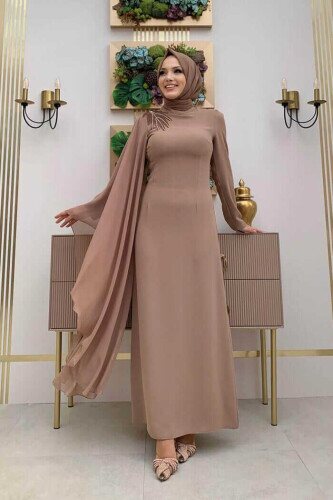 Einärmeliges Chiffon-Abendkleid mit Cape-Schulter-Stickerei-Detail 3796 Nerz 