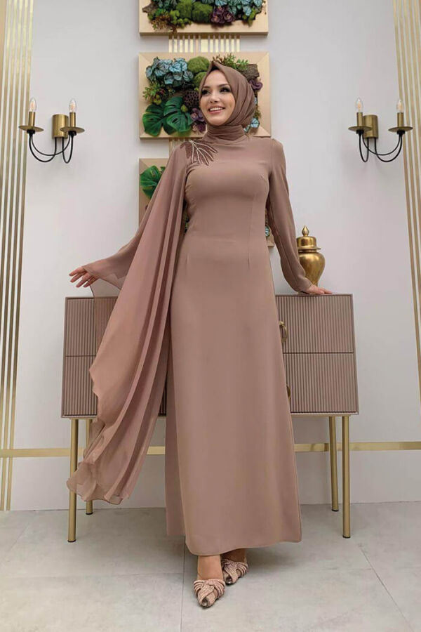 Einärmeliges Chiffon-Abendkleid mit Cape-Schulter-Stickerei-Detail 3796 Nerz - 5