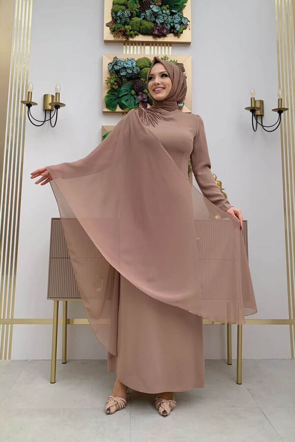 Einärmeliges Chiffon-Abendkleid mit Cape-Schulter-Stickerei-Detail 3796 Nerz - 6