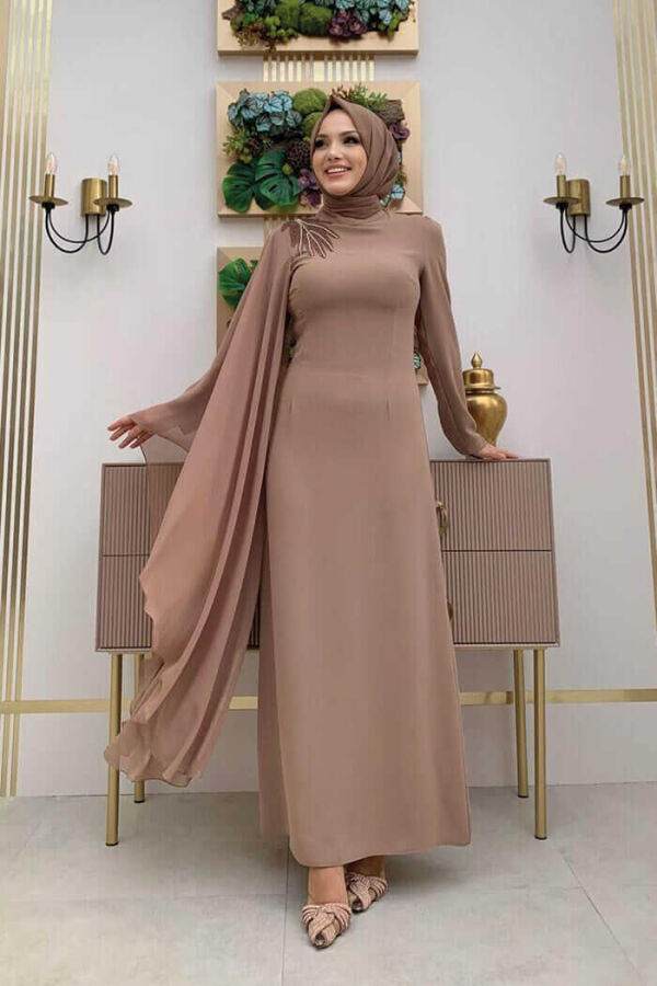 One Sleeve Chiffon Cape Shoulder Embroidery Detail Evening Dress 3796 Mink - 1