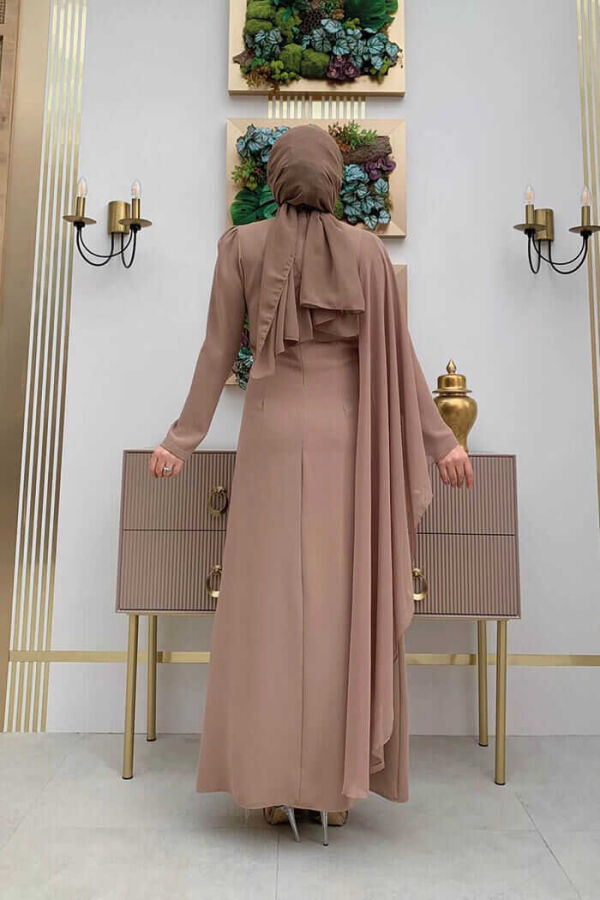One Sleeve Chiffon Cape Shoulder Embroidery Detail Evening Dress 3796 Mink - 3