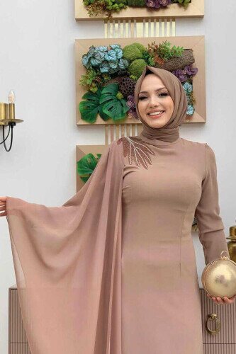 One Sleeve Chiffon Cape Shoulder Embroidery Detail Evening Dress 3796 Mink - 4