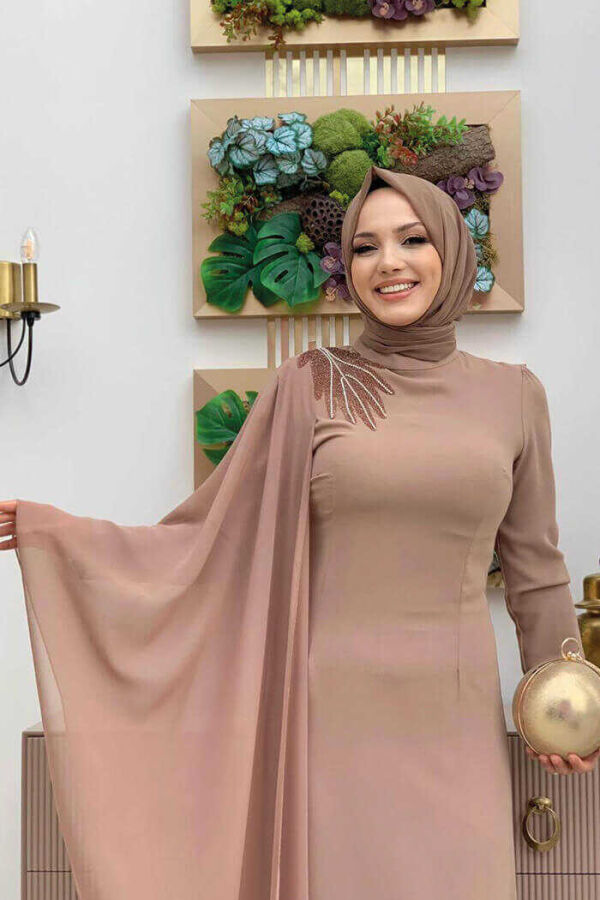 One Sleeve Chiffon Cape Shoulder Embroidery Detail Evening Dress 3796 Mink - 4