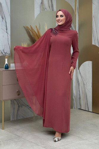 Einärmeliges Chiffon-Abendkleid mit Cape-Schulter und Stickereidetail 3796 Dried Rose 