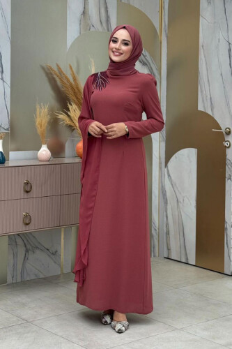 Einärmeliges Chiffon-Abendkleid mit Cape-Schulter und Stickereidetail 3796 Dried Rose - 2