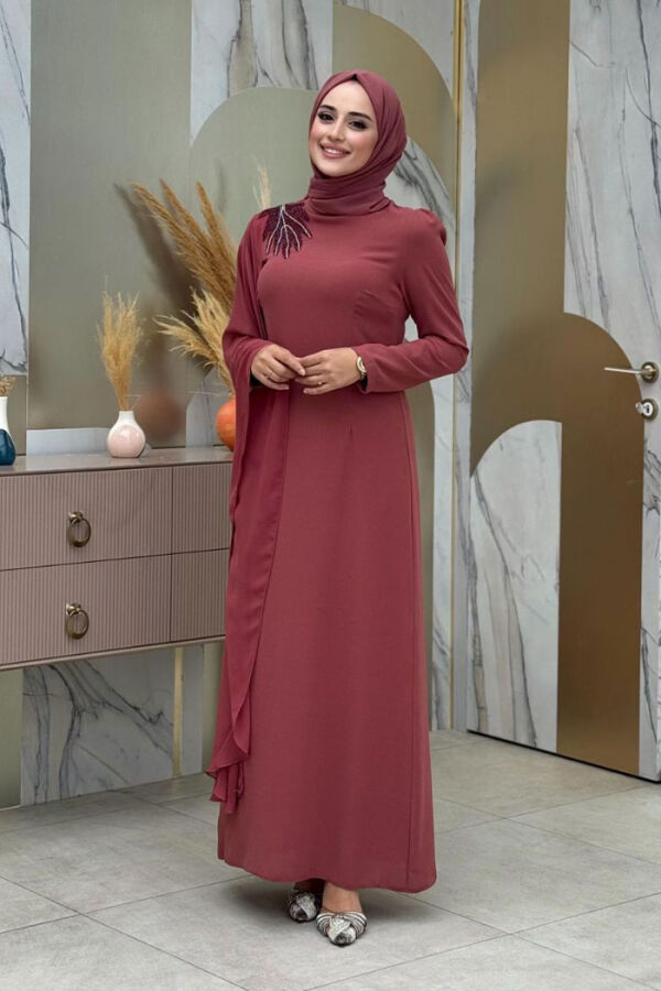 Einärmeliges Chiffon-Abendkleid mit Cape-Schulter und Stickereidetail 3796 Dried Rose - 2