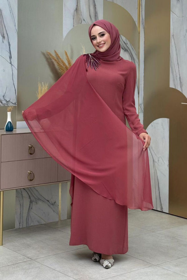 Single Sleeve Chiffon Cape Shoulder Embroidery Detail Evening Dress 3796 Dried Rose - 3