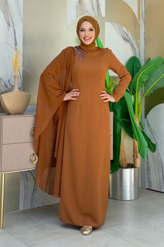 Single Sleeve Chiffon Cape Shoulder Embroidery Detail Evening Dress 3796 Taba 