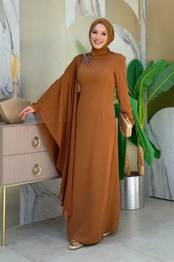 Single Sleeve Chiffon Cape Shoulder Embroidery Detail Evening Dress 3796 Taba - 3