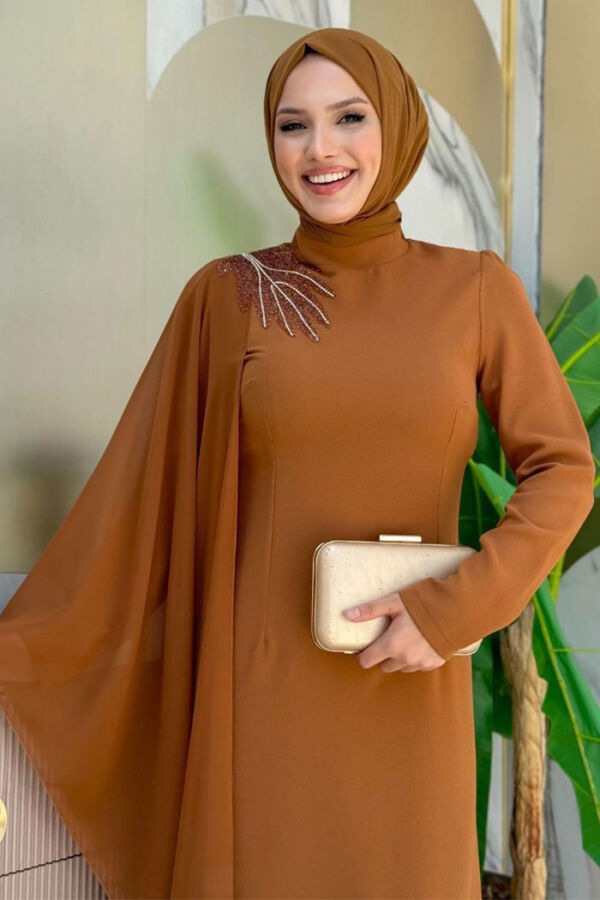 Single Sleeve Chiffon Cape Shoulder Embroidery Detail Evening Dress 3796 Taba - 4