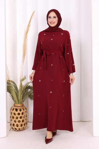 Taş Detaylı Bel Kuşaklı Elbise 3797 Bordo 