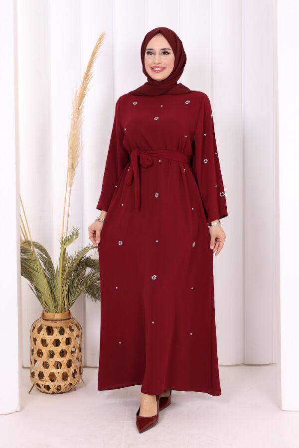 Taş Detaylı Bel Kuşaklı Elbise 3797 Bordo - 1