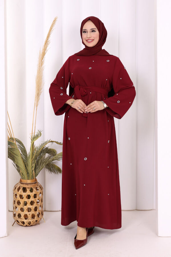 Taş Detaylı Bel Kuşaklı Elbise 3797 Bordo - 2