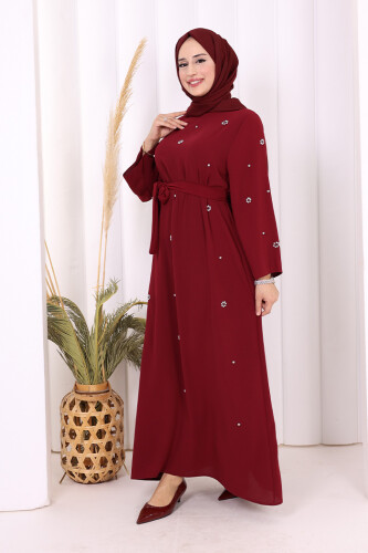 Taş Detaylı Bel Kuşaklı Elbise 3797 Bordo - 3