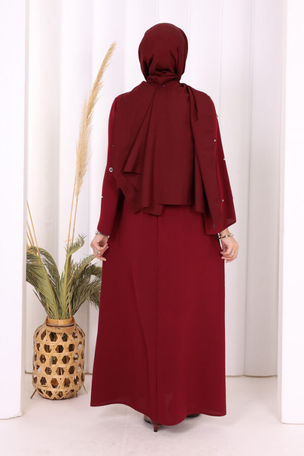 Taş Detaylı Bel Kuşaklı Elbise 3797 Bordo - 4