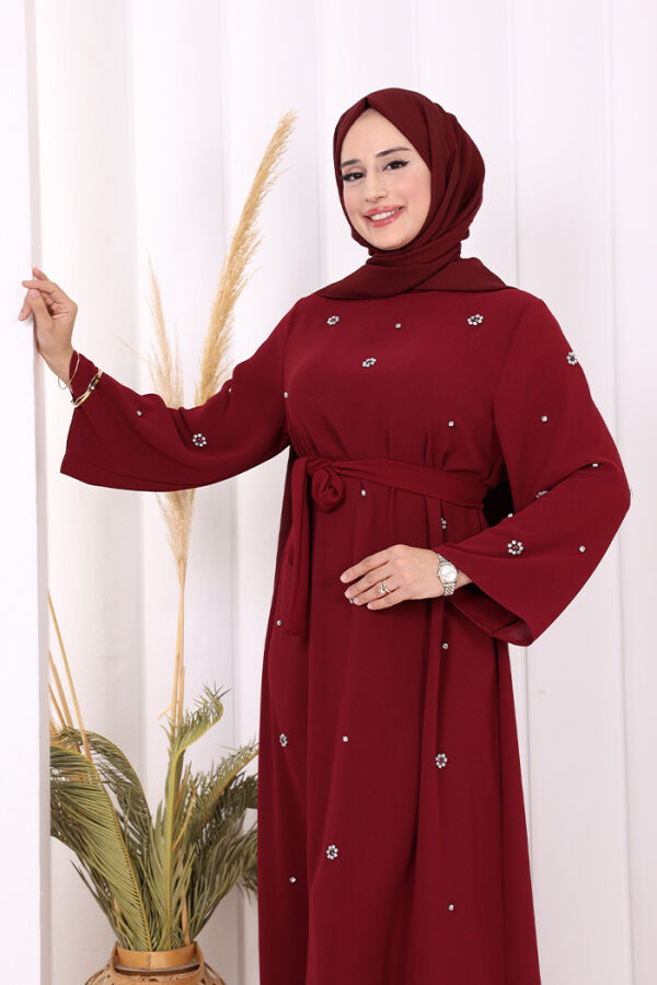 Taş Detaylı Bel Kuşaklı Elbise 3797 Bordo - 5