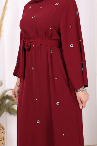 Taş Detaylı Bel Kuşaklı Elbise 3797 Bordo - 6