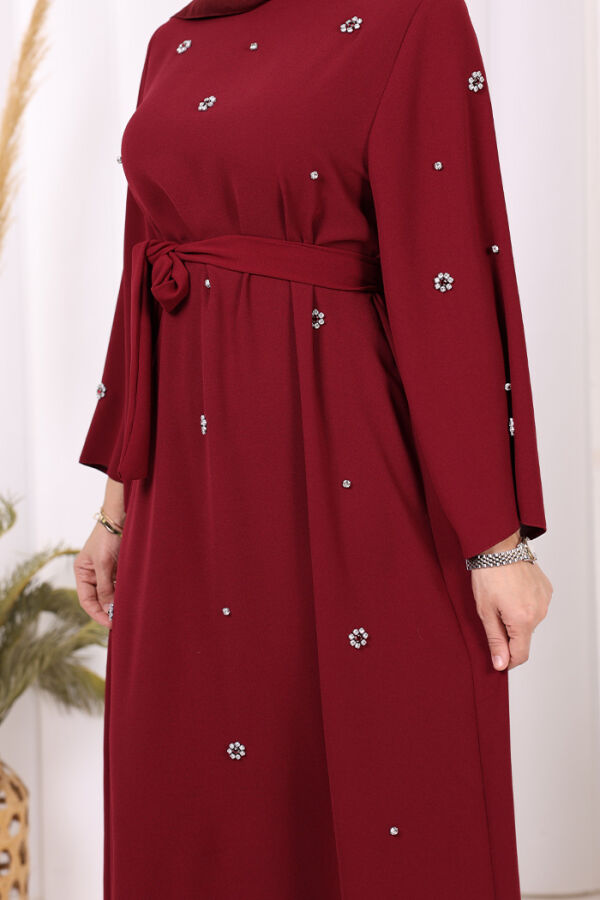 Taş Detaylı Bel Kuşaklı Elbise 3797 Bordo - 6