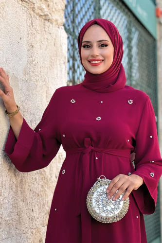 Taş Detaylı Bel Kuşaklı Elbise 3797 Bordo - 10